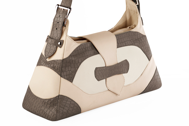 Champagne white and taupe brown women's dress handbag, matching pumps and belts. Front view - Florence KOOIJMAN